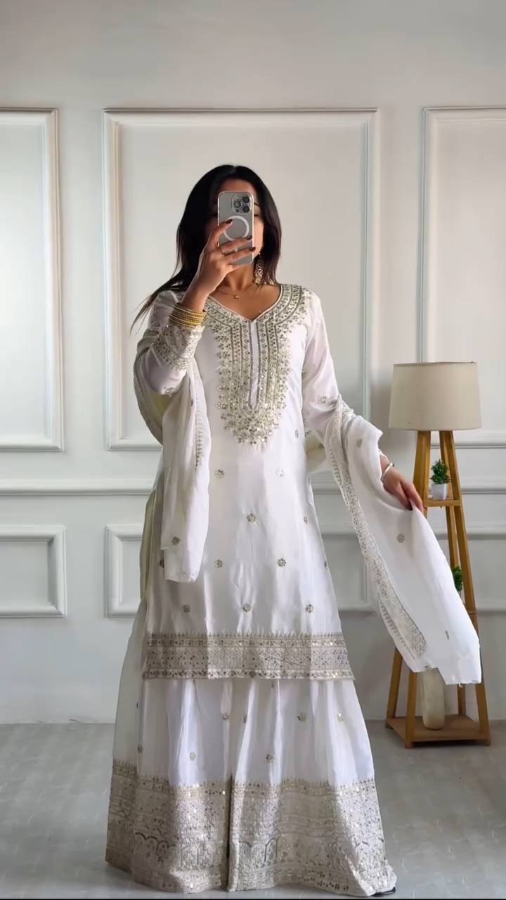 Heavy Embroidered Sharara Suit with Mirror Work and Zari Detailing