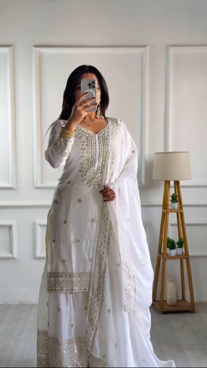 Heavy Embroidered Sharara Suit with Mirror Work and Zari Detailing