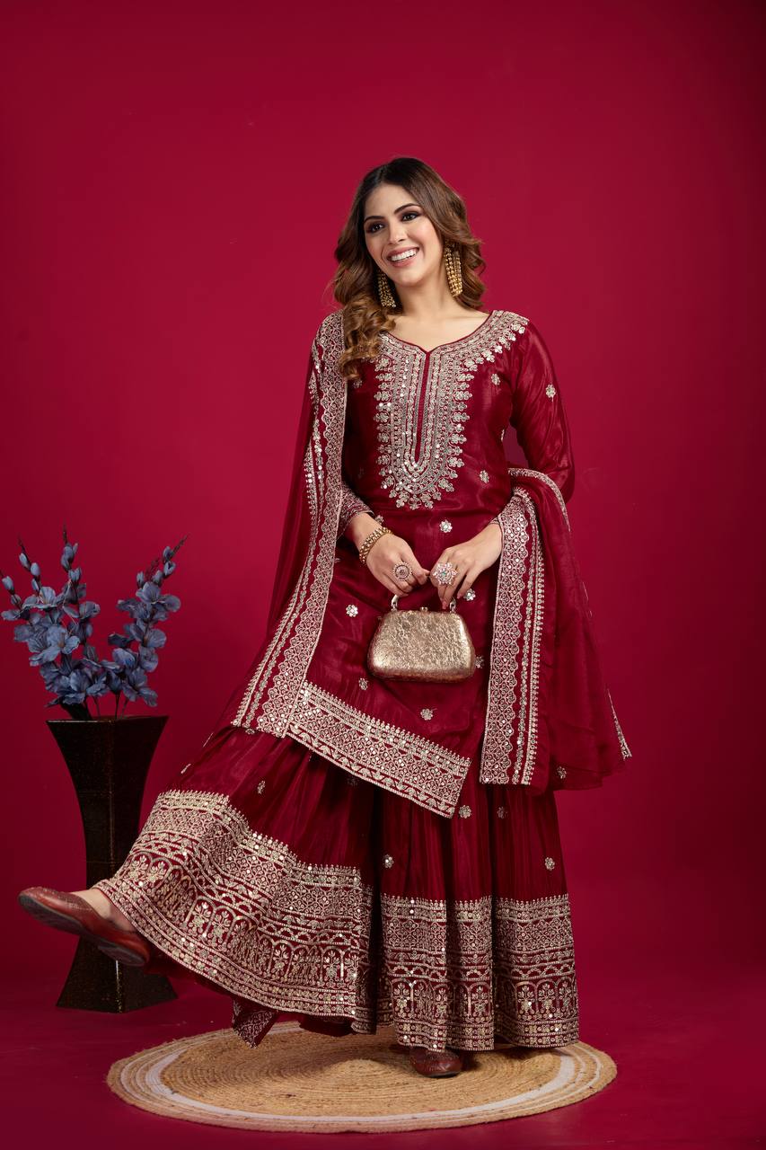 Heavy Embroidered Sharara Suit with Mirror Work and Zari Detailing