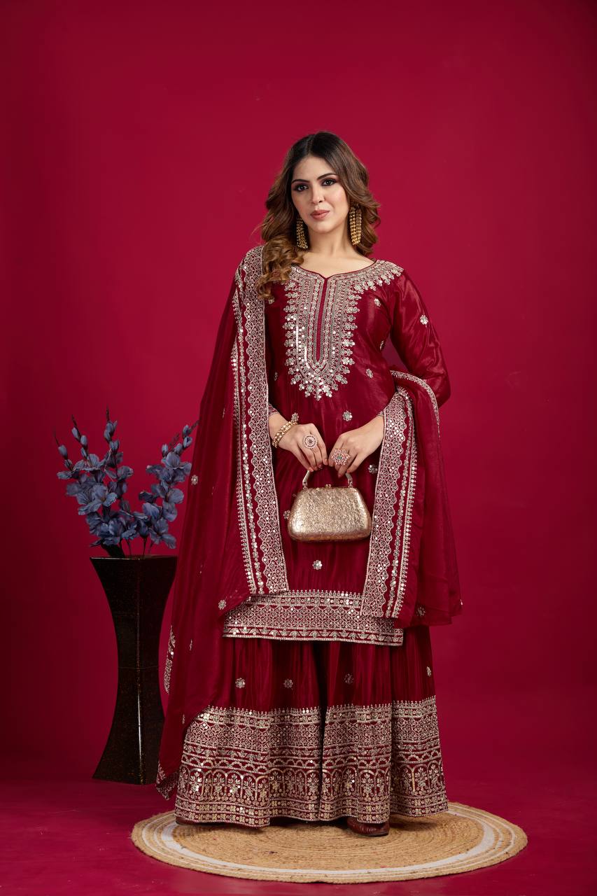 Heavy Embroidered Sharara Suit with Mirror Work and Zari Detailing