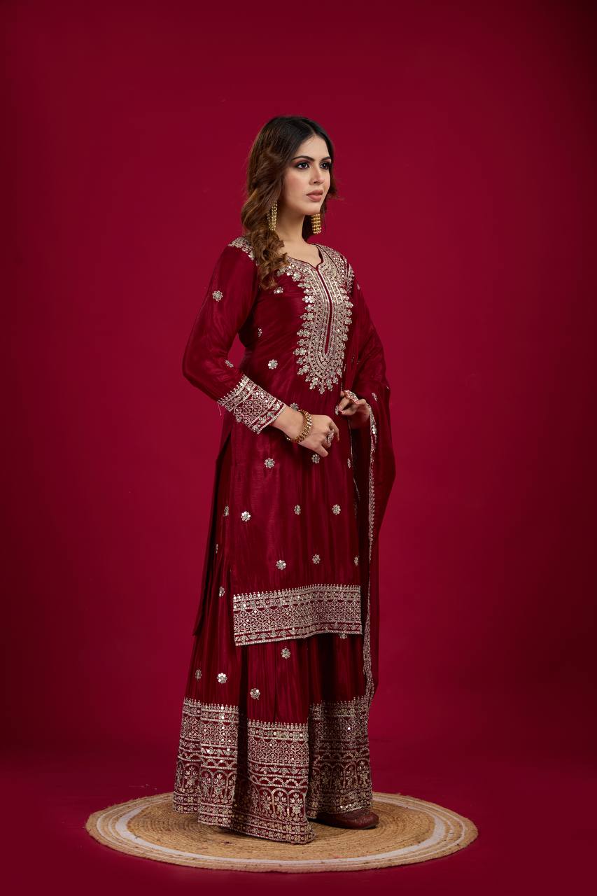 Heavy Embroidered Sharara Suit with Mirror Work and Zari Detailing