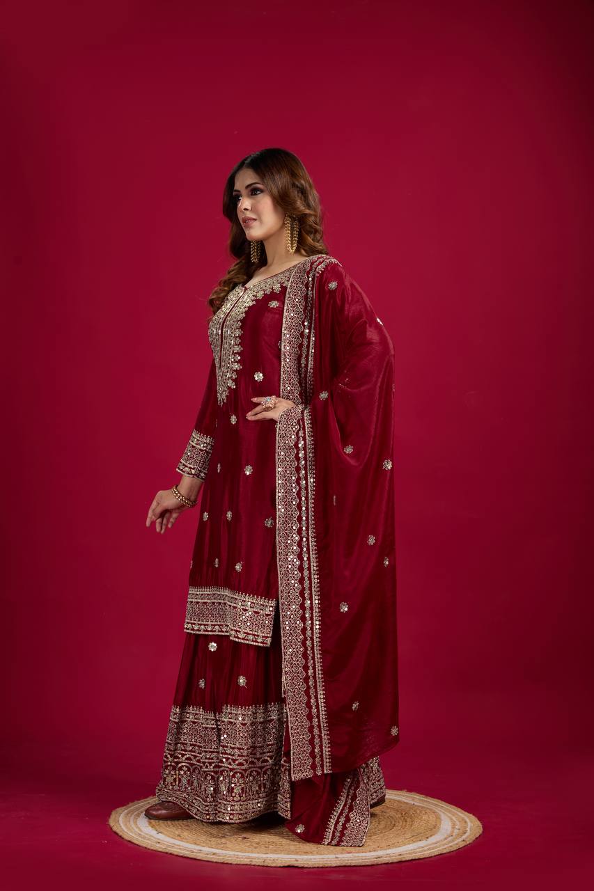 Heavy Embroidered Sharara Suit with Mirror Work and Zari Detailing