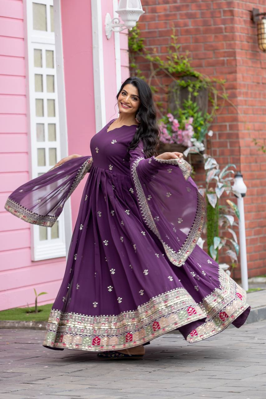 Plum Purple Flared Anarkali Gown with Multicolor Mirror Embroidered Border and Dupatta