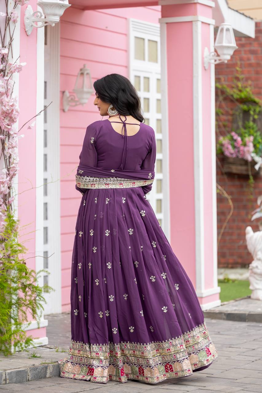 Plum Purple Flared Anarkali Gown with Multicolor Mirror Embroidered Border and Dupatta
