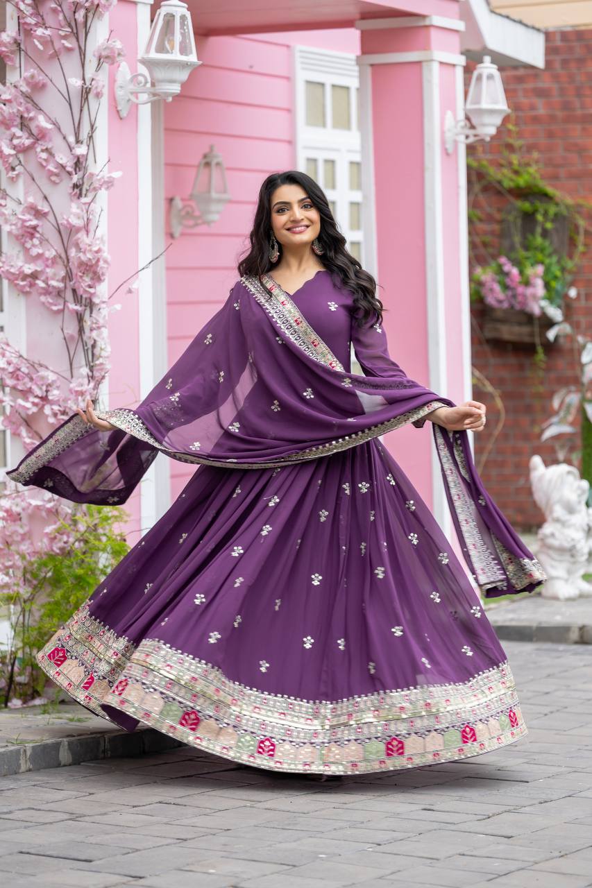 Plum Purple Flared Anarkali Gown with Multicolor Mirror Embroidered Border and Dupatta