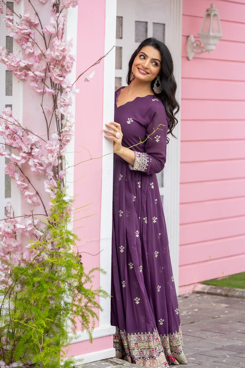 Plum Purple Flared Anarkali Gown with Multicolor Mirror Embroidered Border and Dupatta