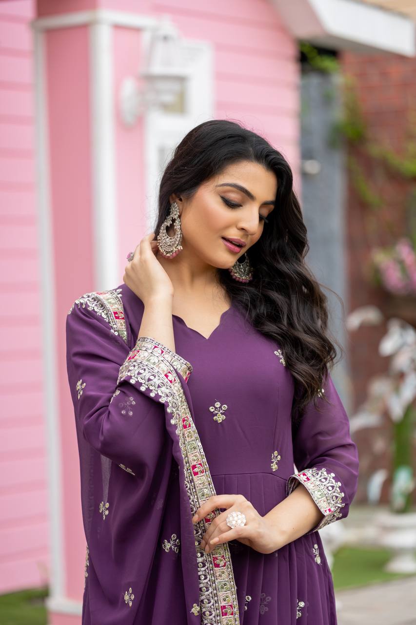 Plum Purple Flared Anarkali Gown with Multicolor Mirror Embroidered Border and Dupatta