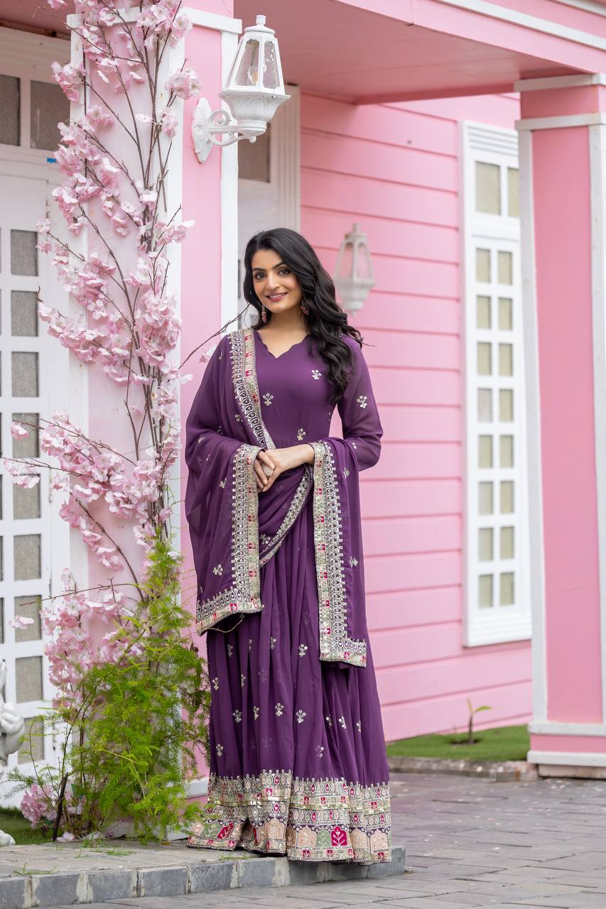 Plum Purple Flared Anarkali Gown with Multicolor Mirror Embroidered Border and Dupatta