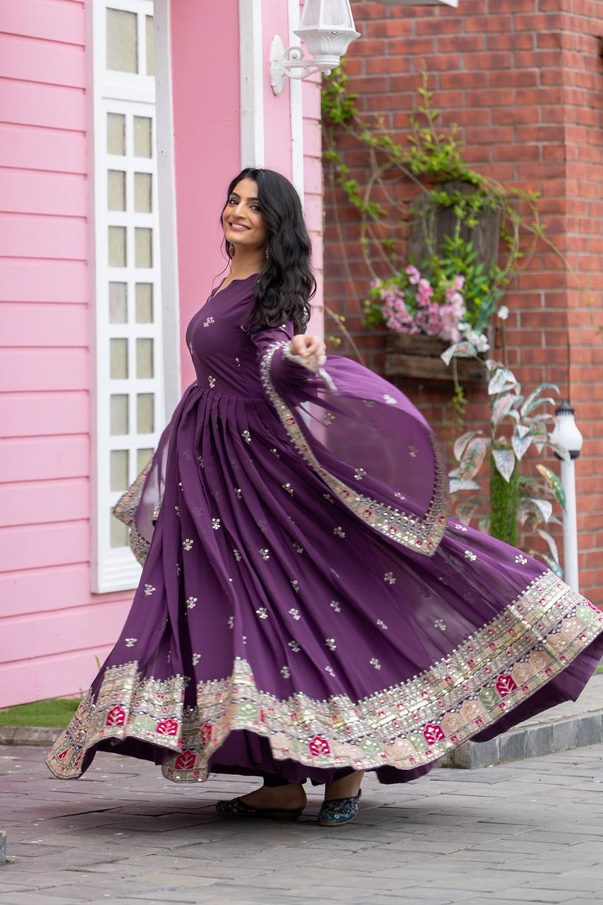 Plum Purple Flared Anarkali Gown with Multicolor Mirror Embroidered Border and Dupatta