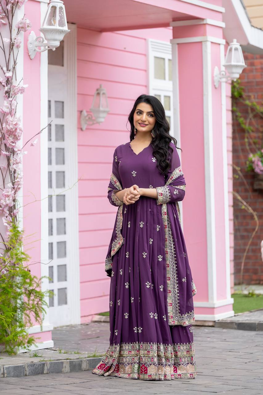 Plum Purple Flared Anarkali Gown with Multicolor Mirror Embroidered Border and Dupatta