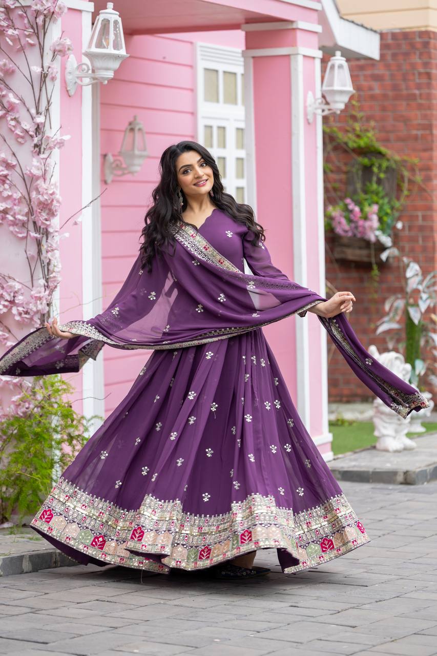 Plum Purple Flared Anarkali Gown with Multicolor Mirror Embroidered Border and Dupatta