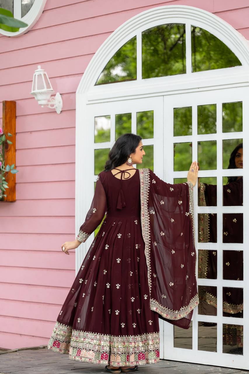 Maroon Flared Flared Anarkali Gown with Multicolor Mirror Embroidered Border and Dupatta