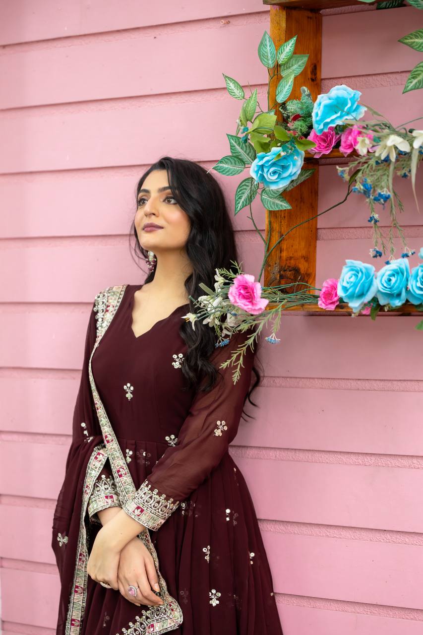 Maroon Flared Flared Anarkali Gown with Multicolor Mirror Embroidered Border and Dupatta