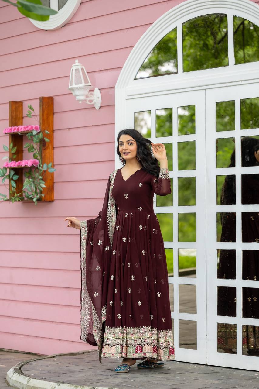 Maroon Flared Flared Anarkali Gown with Multicolor Mirror Embroidered Border and Dupatta