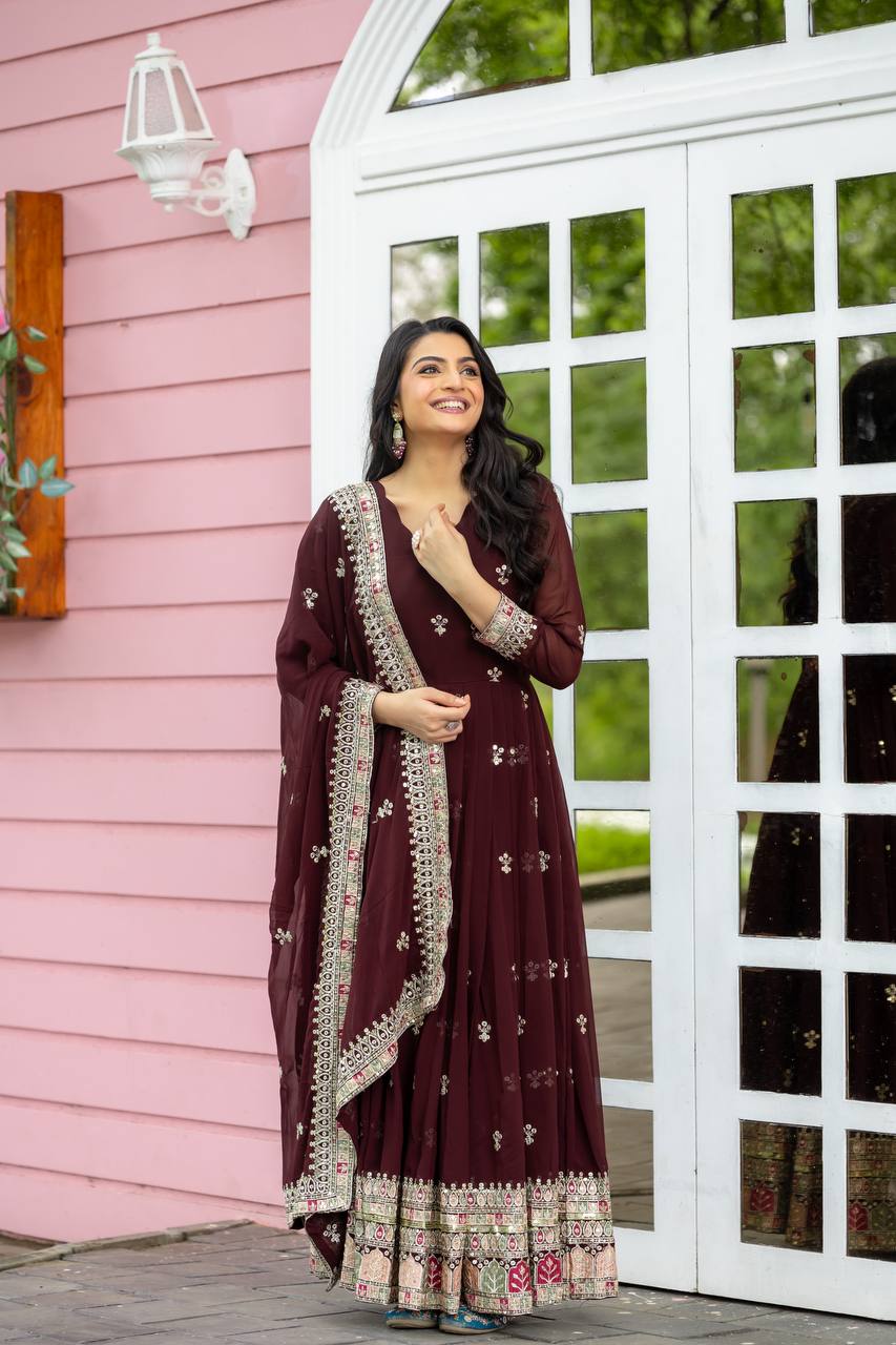 Maroon Flared Flared Anarkali Gown with Multicolor Mirror Embroidered Border and Dupatta