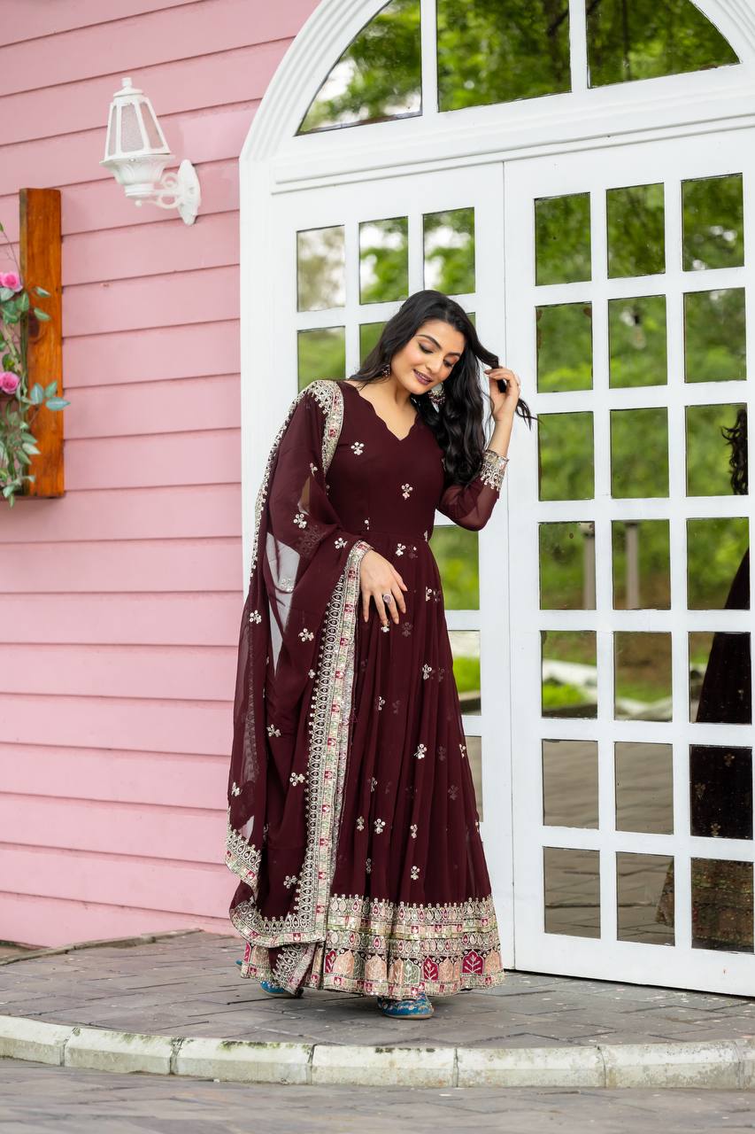 Maroon Flared Flared Anarkali Gown with Multicolor Mirror Embroidered Border and Dupatta