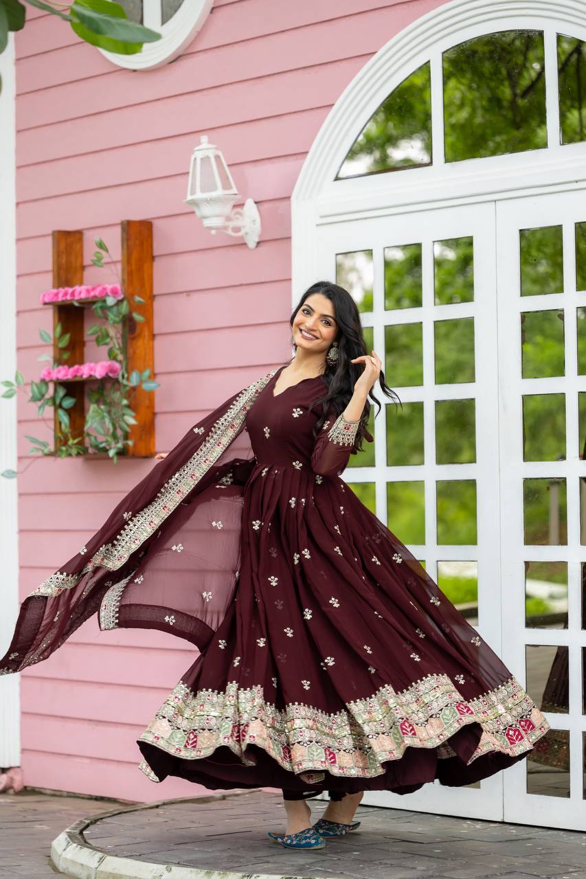 Maroon Flared Flared Anarkali Gown with Multicolor Mirror Embroidered Border and Dupatta