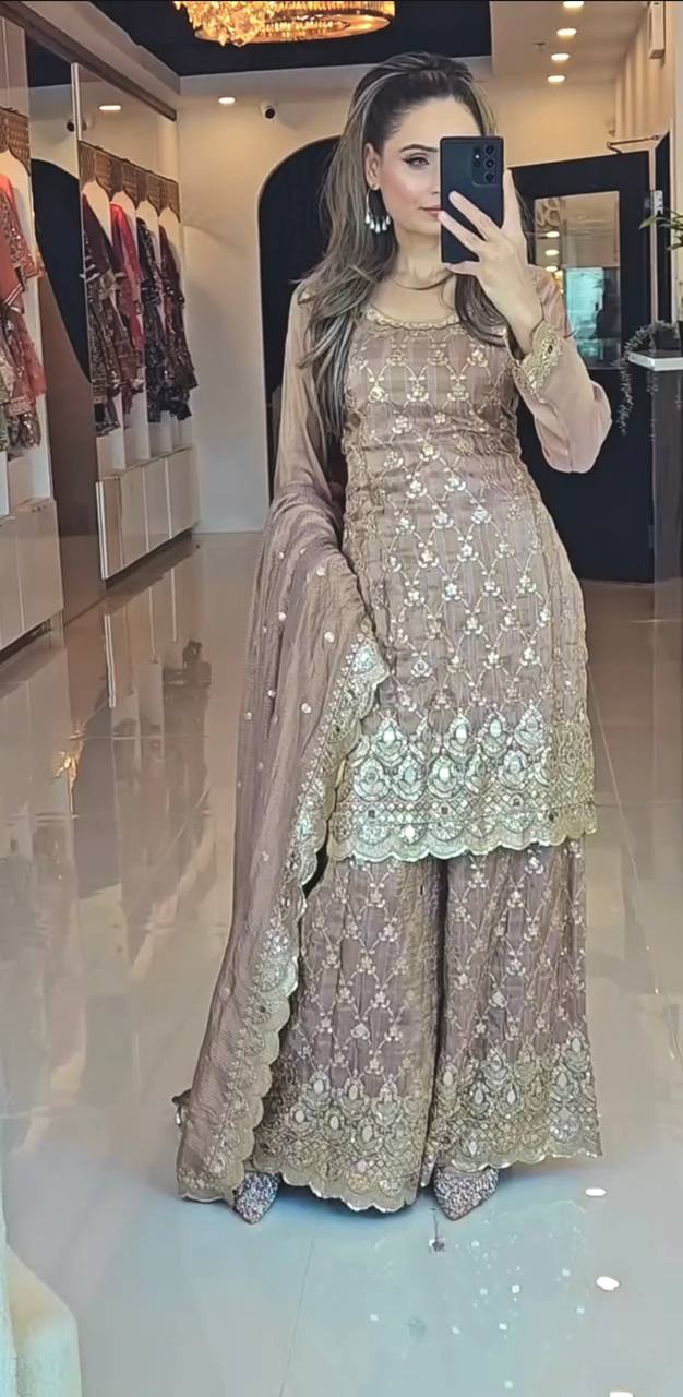 Taupe Embroidered Sharara Suit with Gold Zari and Sequin Detailing