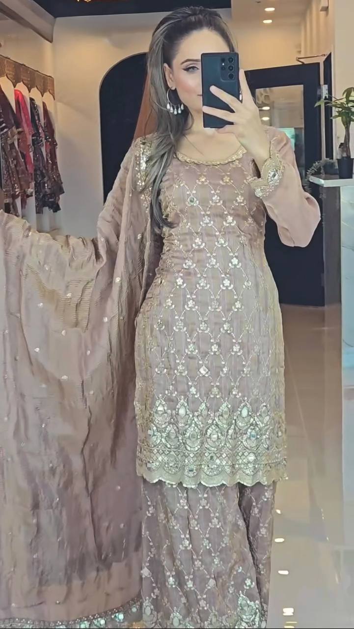 Taupe Embroidered Sharara Suit with Gold Zari and Sequin Detailing