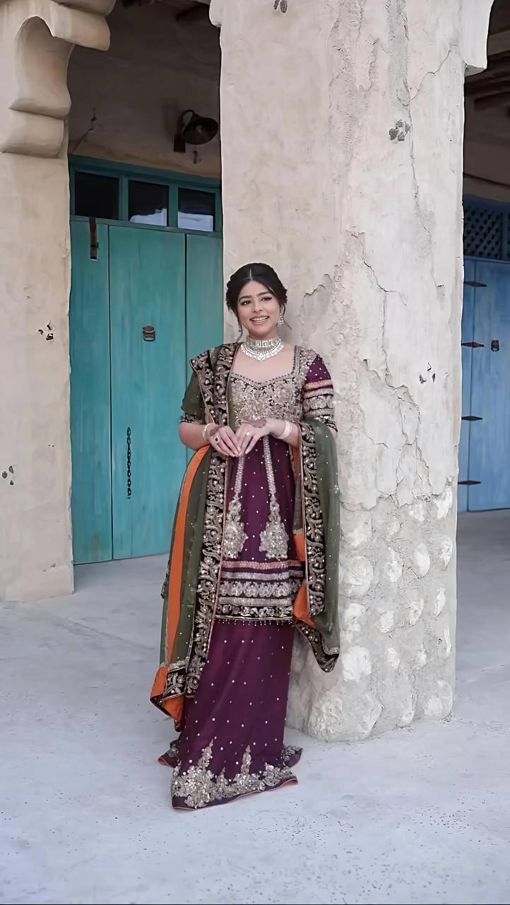 Regal Plum Bridal Sharara Suit with Antique Zari and Embellished Dupatta