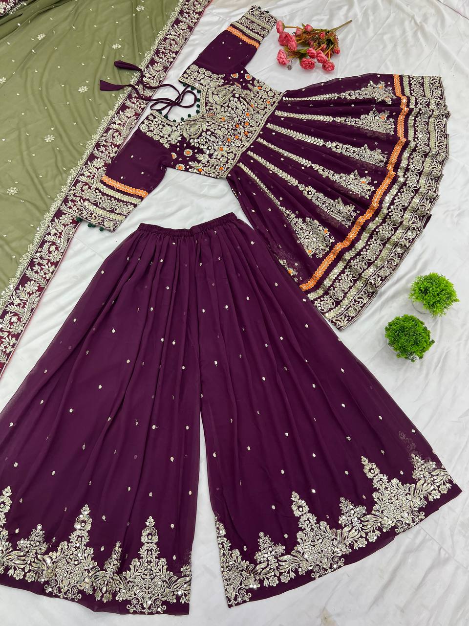 Regal Plum Bridal Sharara Suit with Antique Zari and Embellished Dupatta