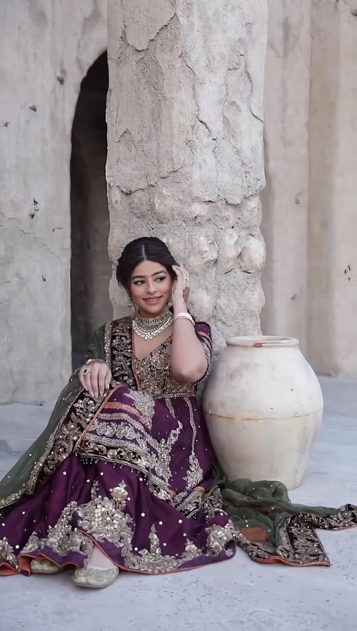 Regal Plum Bridal Sharara Suit with Antique Zari and Embellished Dupatta