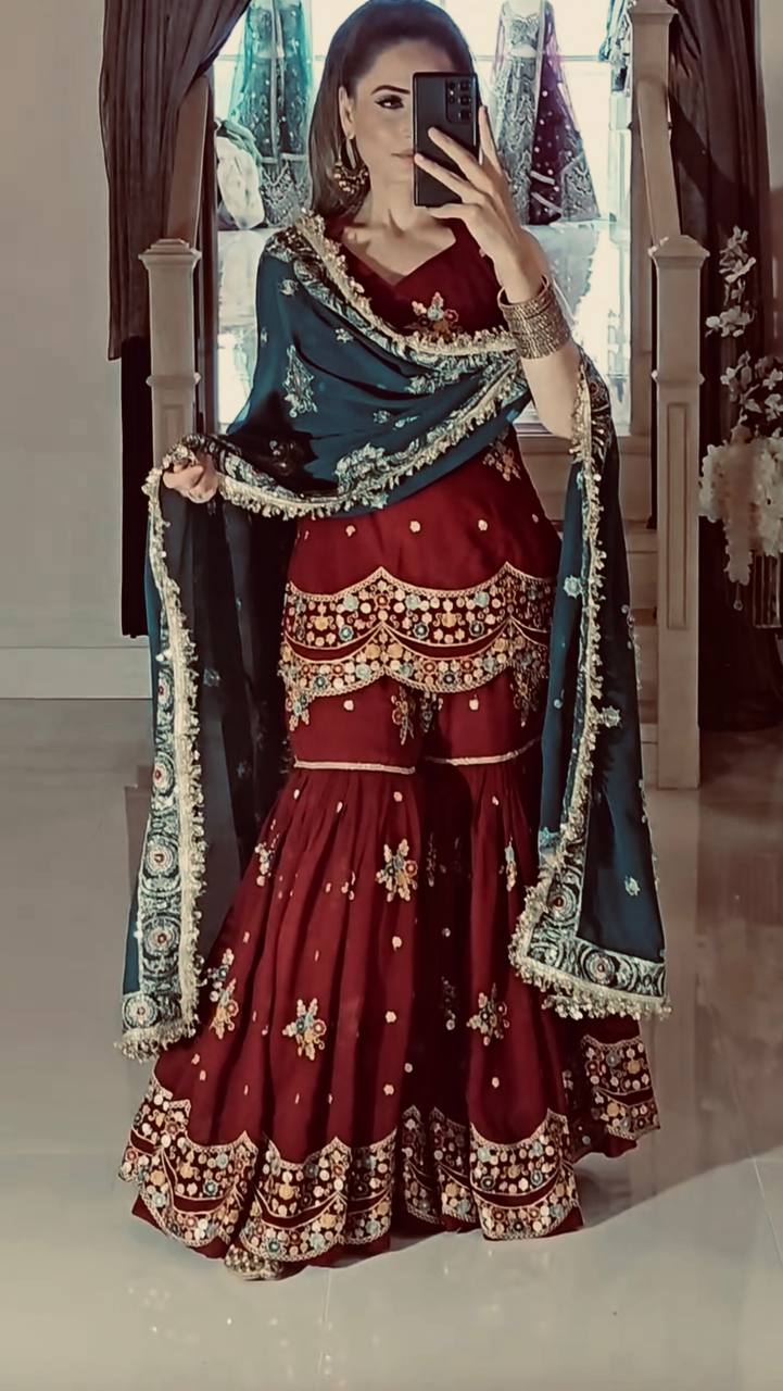 Maroon Sharara Set with Teal Embroidered Dupatta