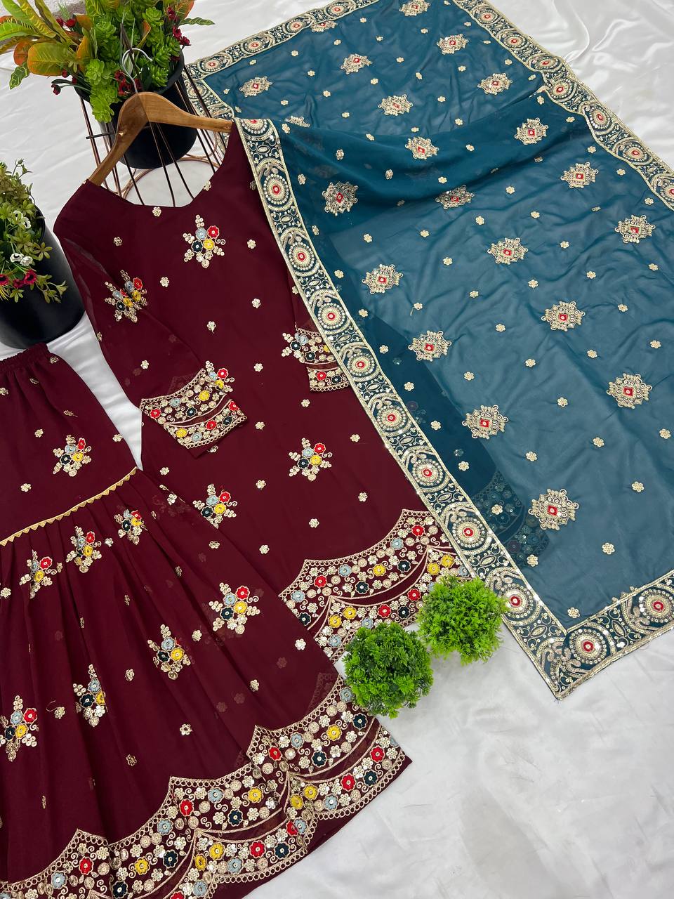 Maroon Sharara Set with Teal Embroidered Dupatta