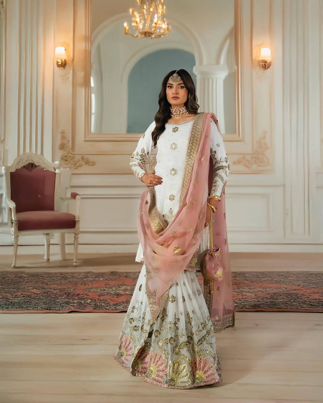 Elegant White Sharara Set with Blush Pink Embroidered Dupatta