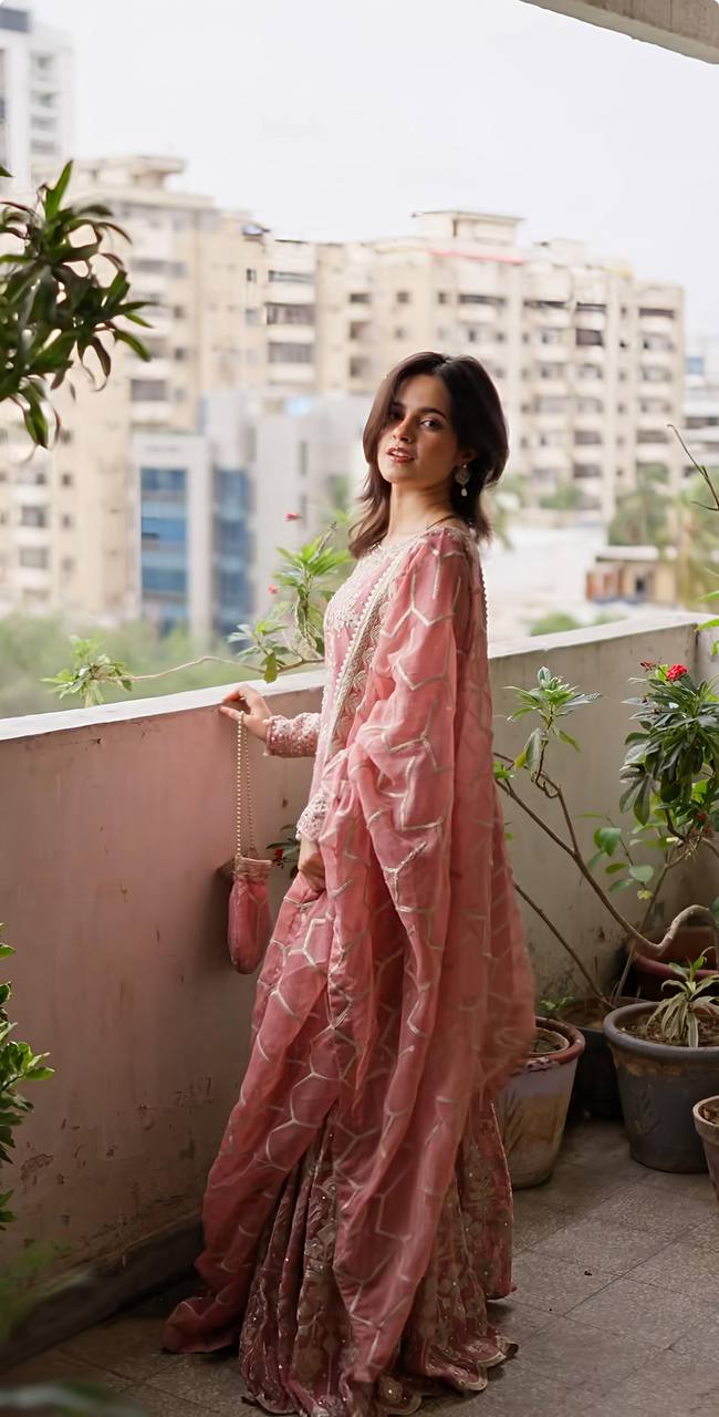 Blush Pink Handcrafted Sharara Suit with Intricate Embroidery