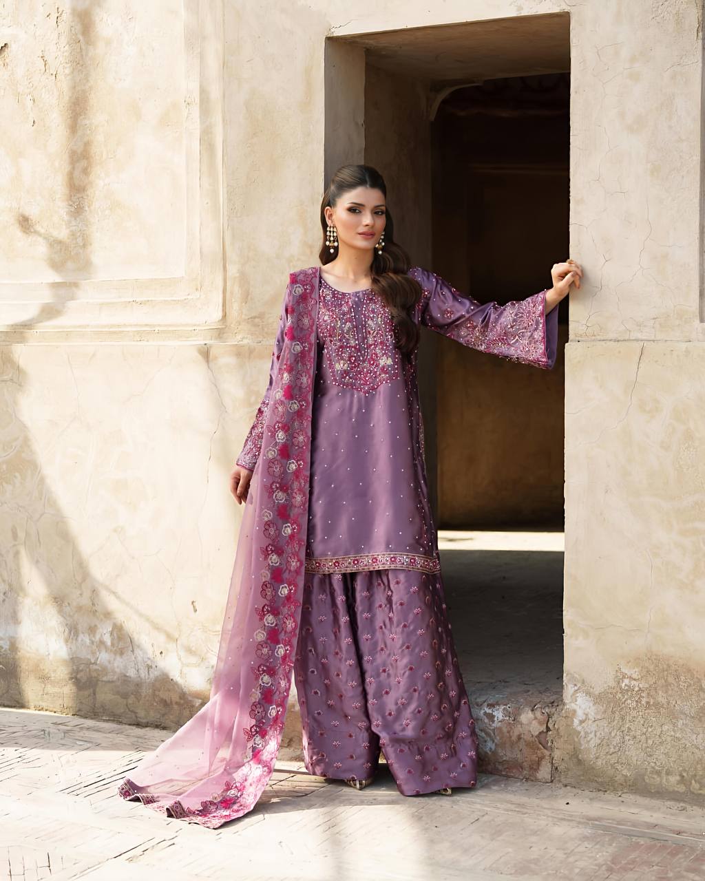 Dusty Lavender Embroidered Sharara Suit with Floral Dupatta