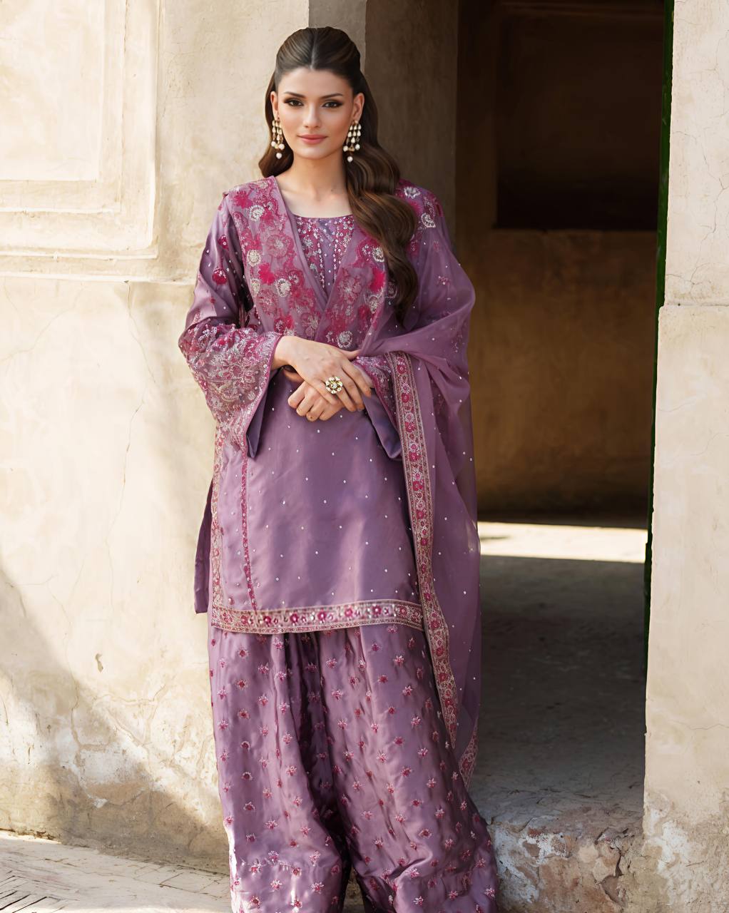 Dusty Lavender Embroidered Sharara Suit with Floral Dupatta