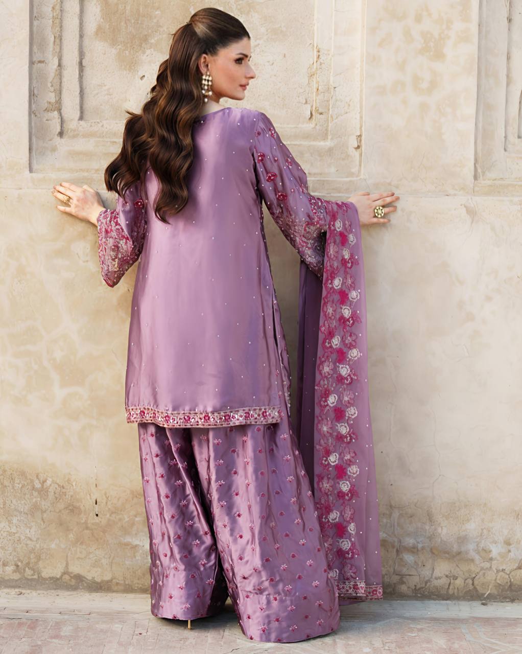Dusty Lavender Embroidered Sharara Suit with Floral Dupatta