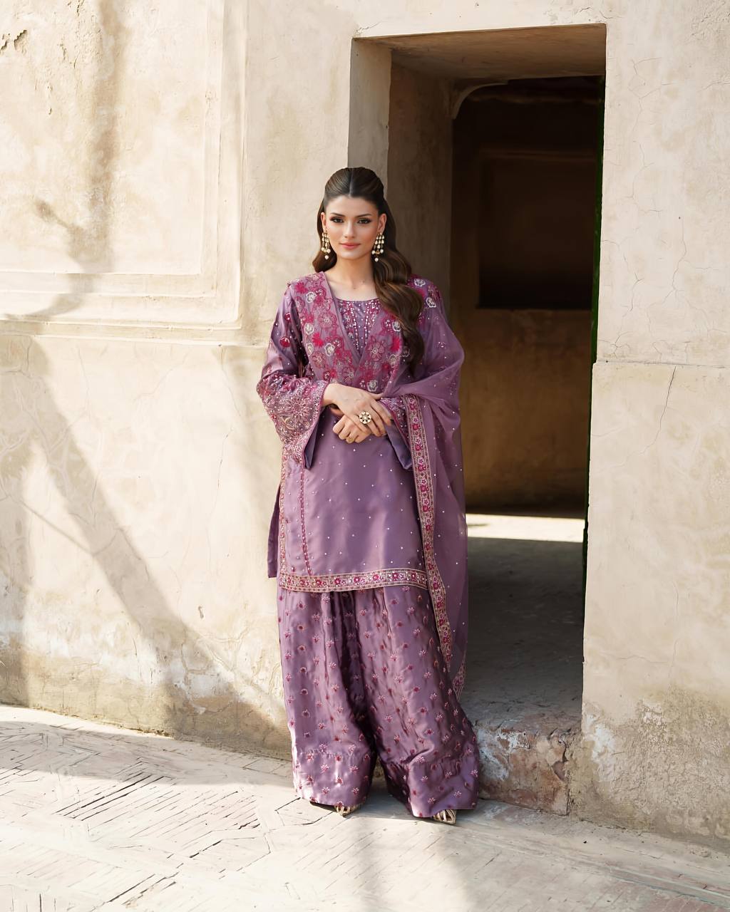 Dusty Lavender Embroidered Sharara Suit with Floral Dupatta