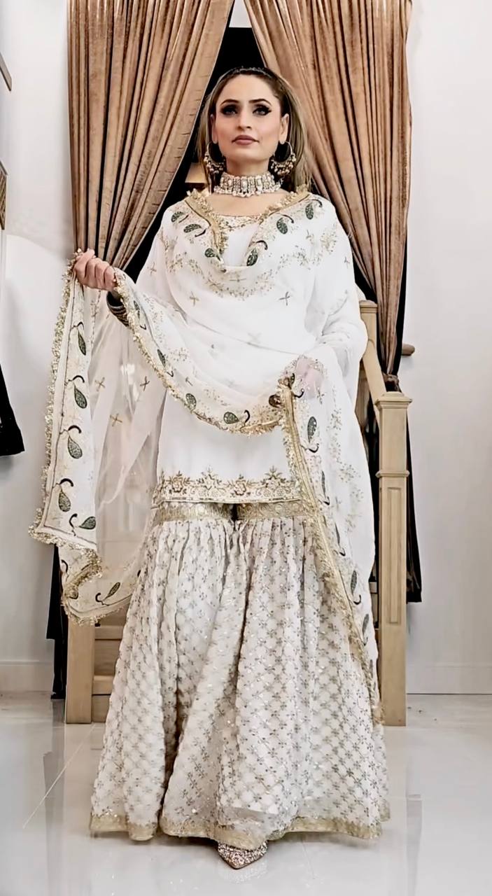 Ivory White Embroidered Sharara Suit with Golden Accents & Dupatta