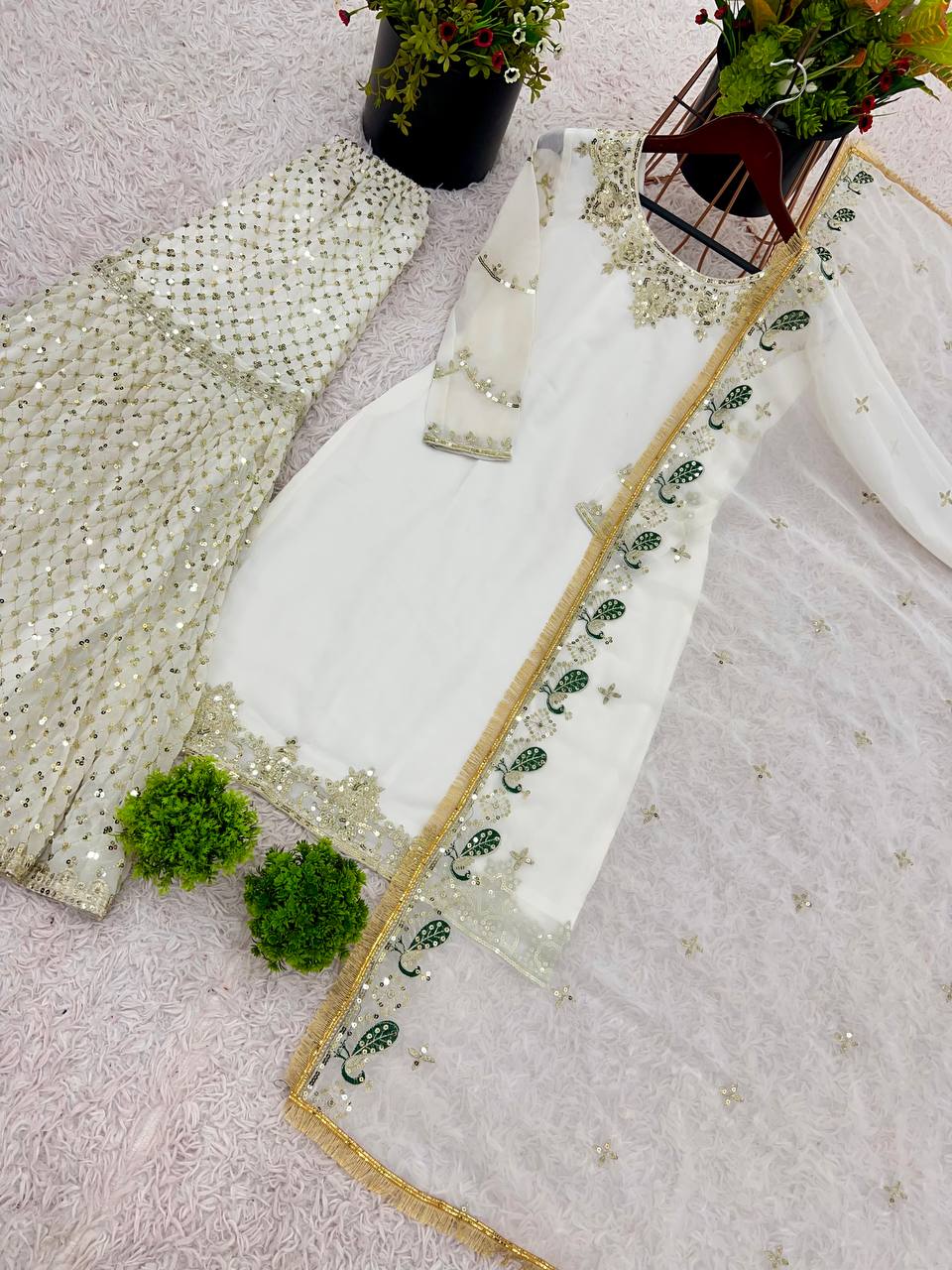 Ivory White Embroidered Sharara Suit with Golden Accents & Dupatta