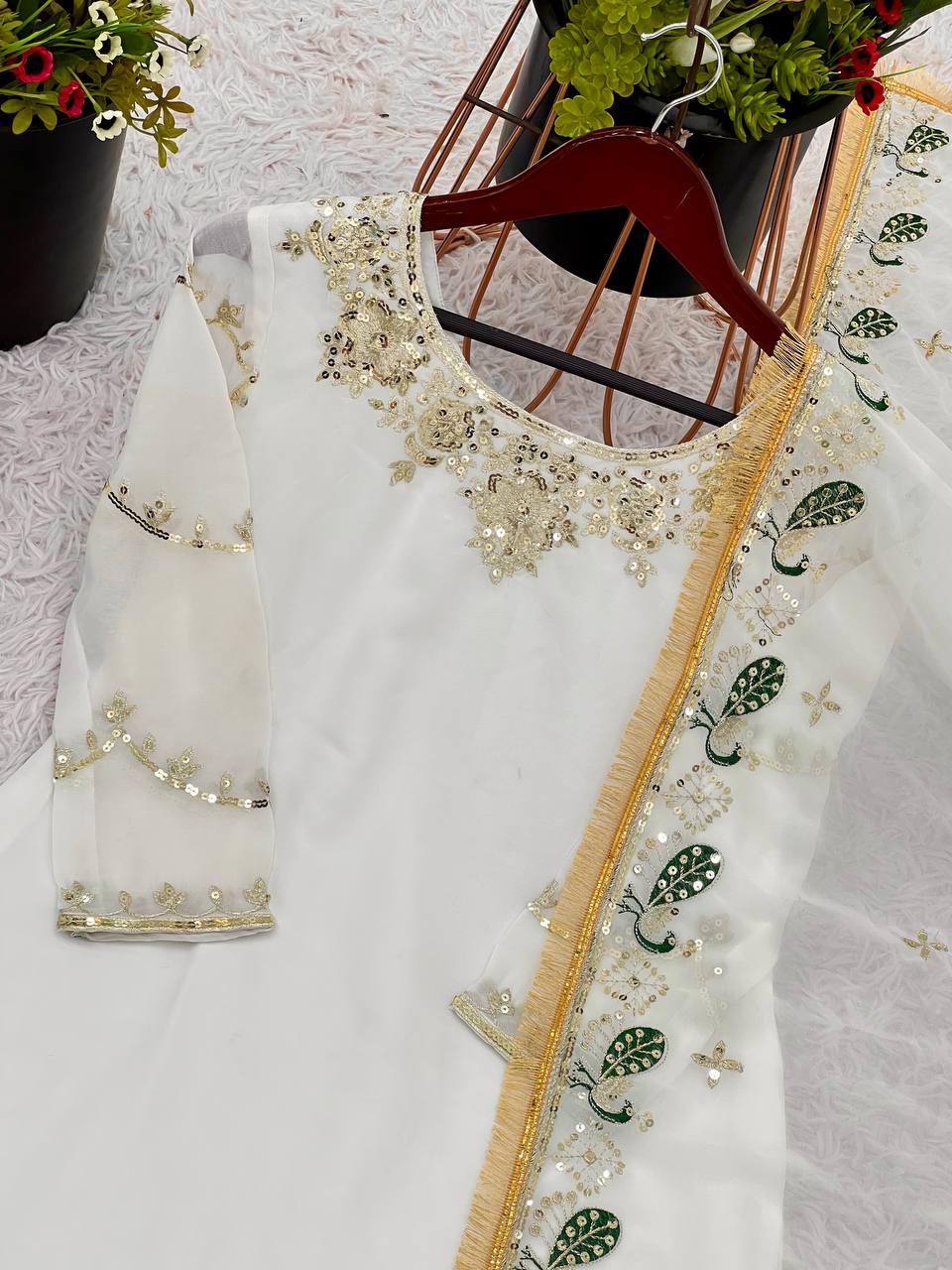 Ivory White Embroidered Sharara Suit with Golden Accents & Dupatta