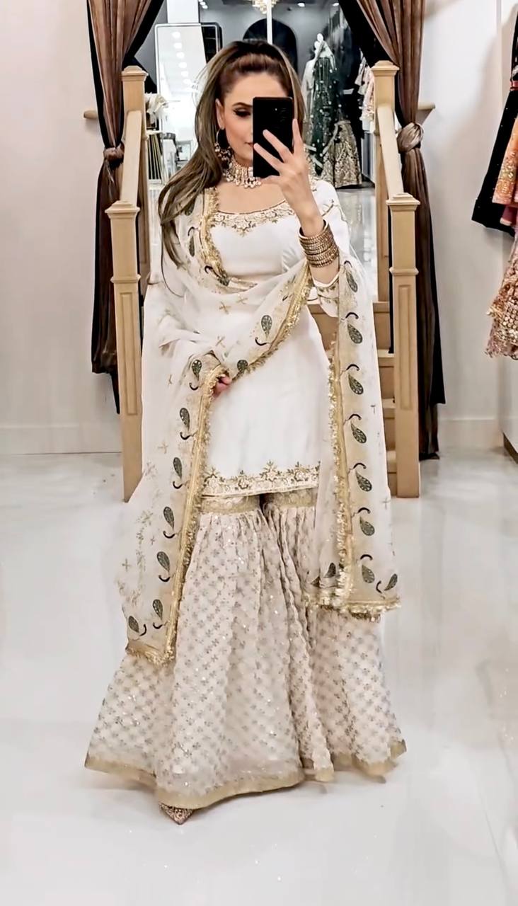 Ivory White Embroidered Sharara Suit with Golden Accents & Dupatta