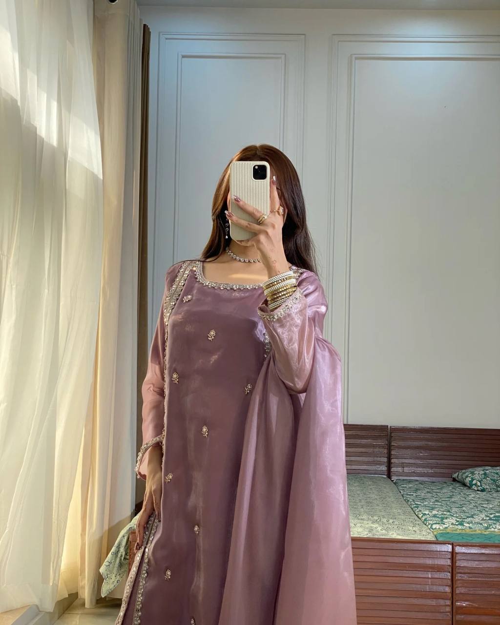Lavender Mauve Satin Straight Suit with Minimal Embellishments & Organza Dupatta