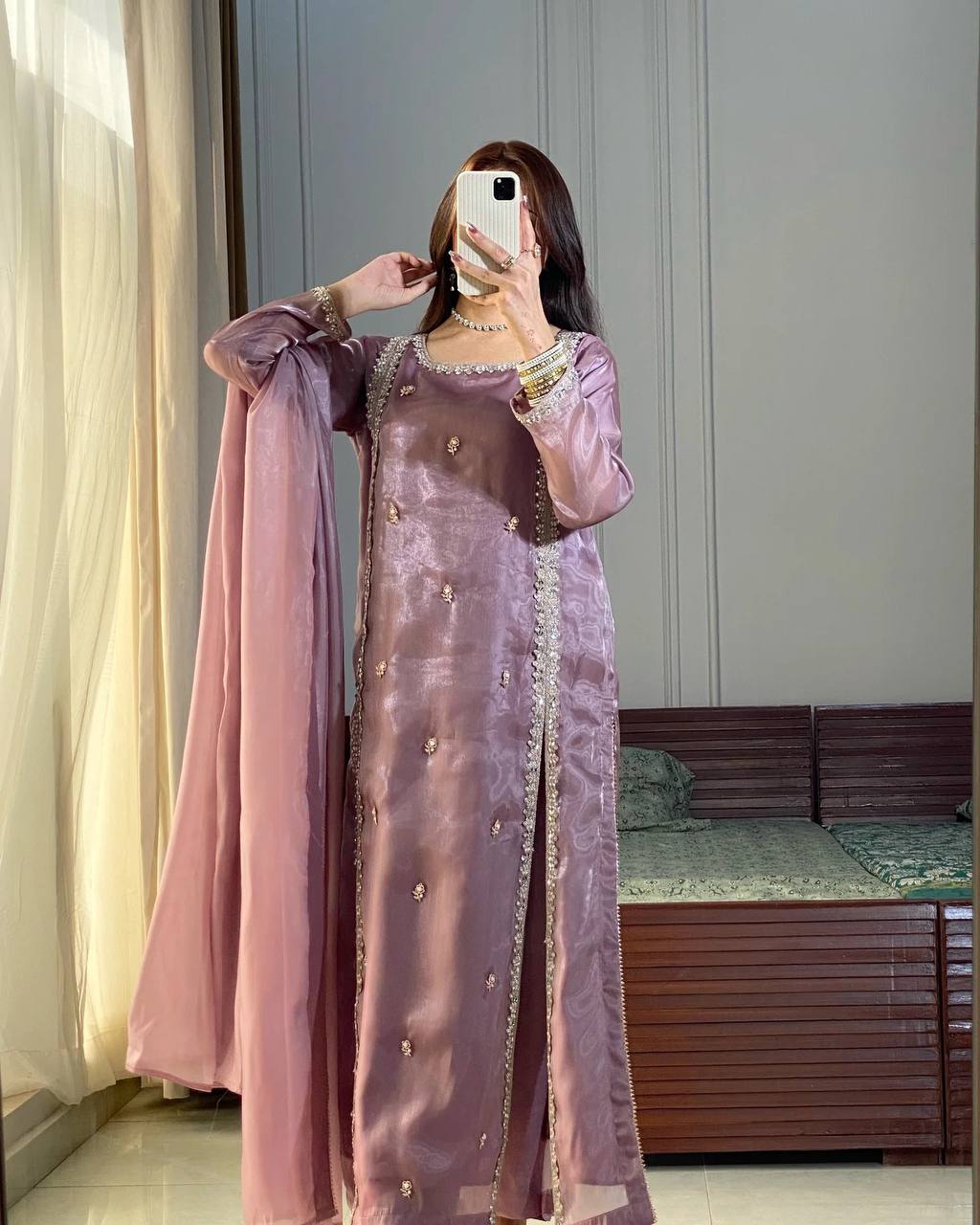 Lavender Mauve Satin Straight Suit with Minimal Embellishments & Organza Dupatta
