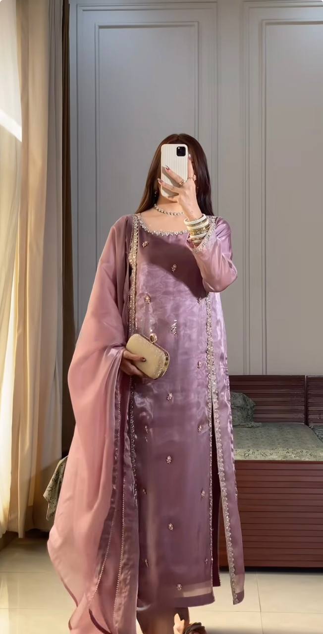 Lavender Mauve Satin Straight Suit with Minimal Embellishments & Organza Dupatta