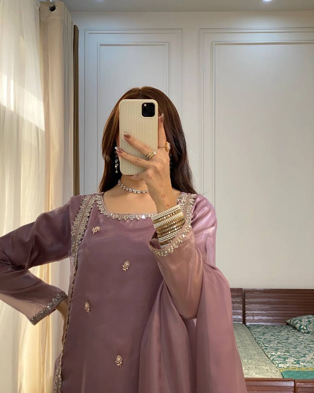 Lavender Mauve Satin Straight Suit with Minimal Embellishments & Organza Dupatta