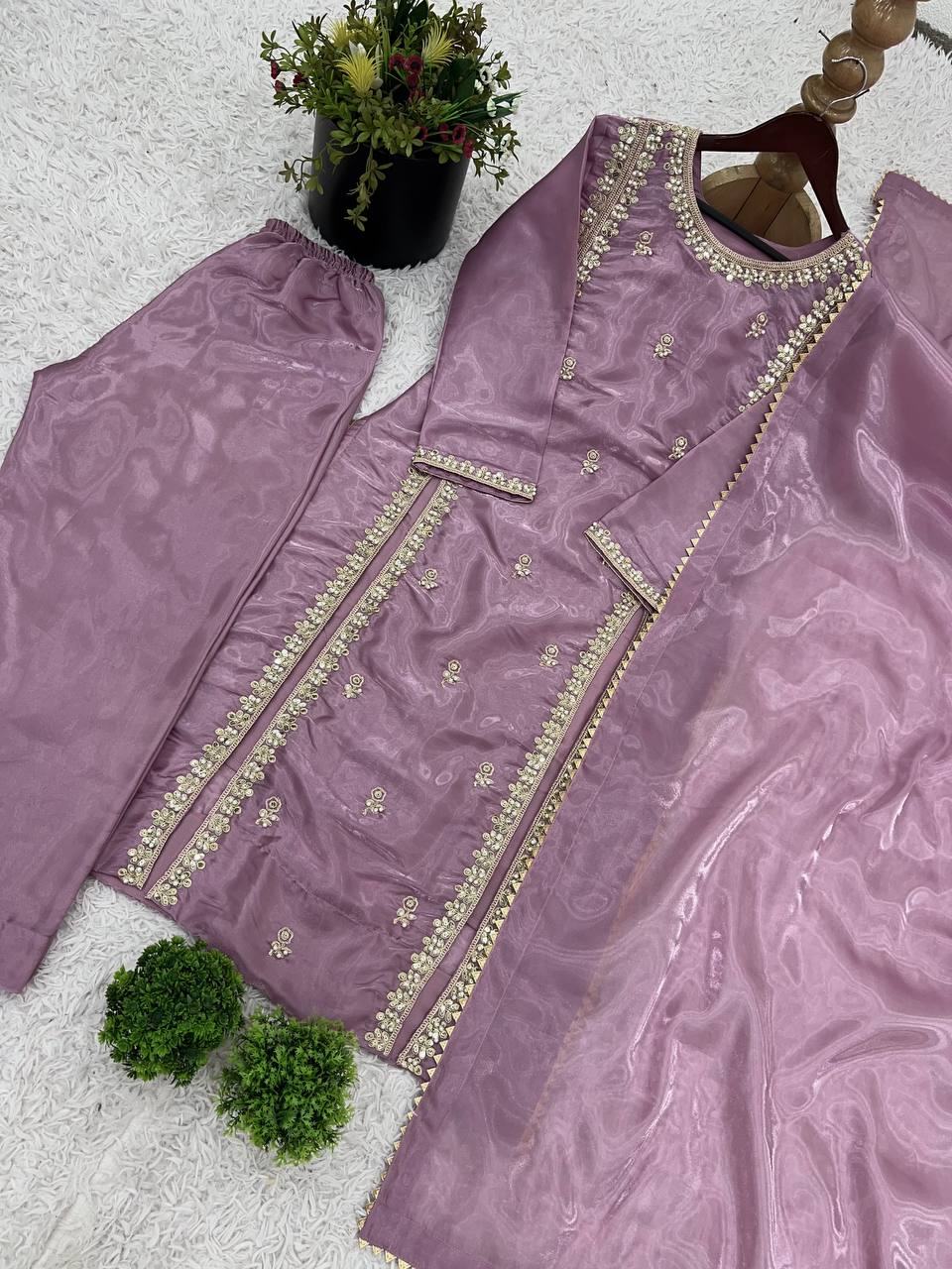 Lavender Mauve Satin Straight Suit with Minimal Embellishments & Organza Dupatta