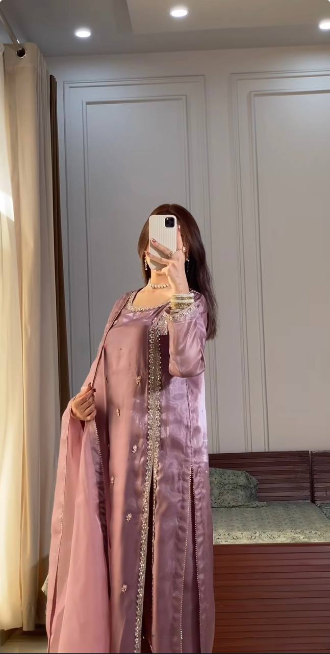 Lavender Mauve Satin Straight Suit with Minimal Embellishments & Organza Dupatta