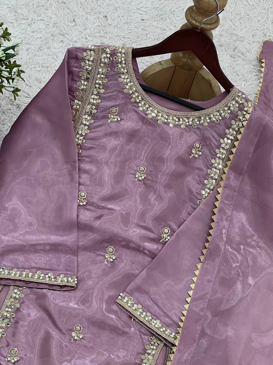 Lavender Mauve Satin Straight Suit with Minimal Embellishments & Organza Dupatta