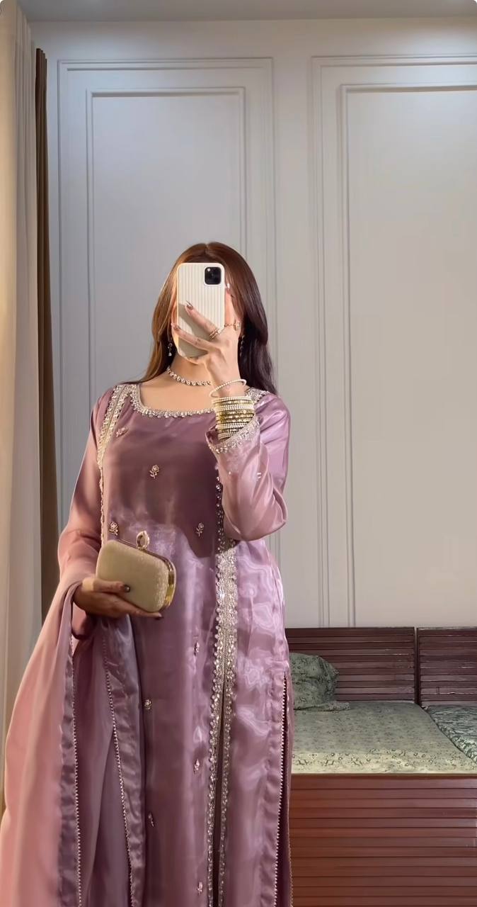 Lavender Mauve Satin Straight Suit with Minimal Embellishments & Organza Dupatta