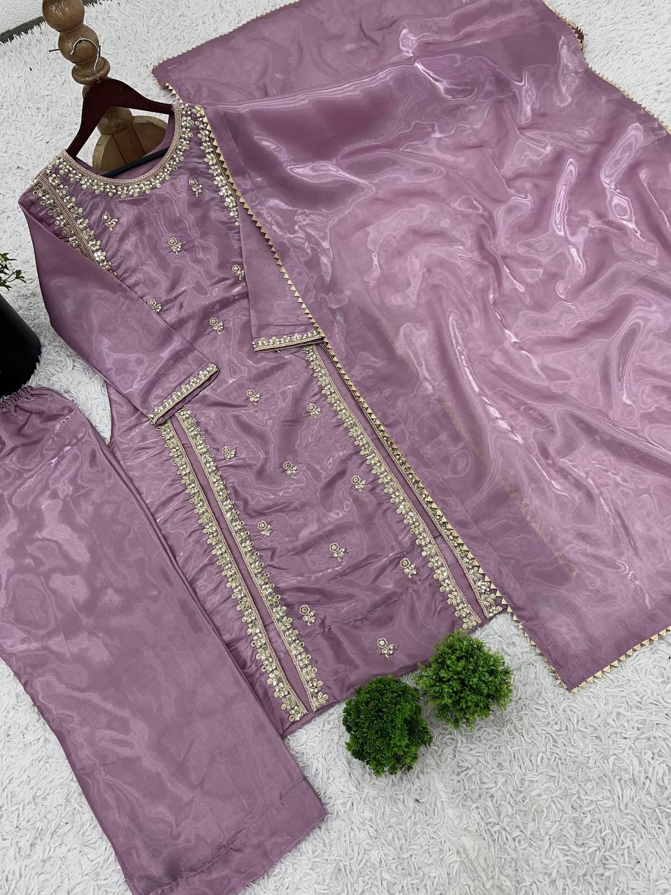 Lavender Mauve Satin Straight Suit with Minimal Embellishments & Organza Dupatta
