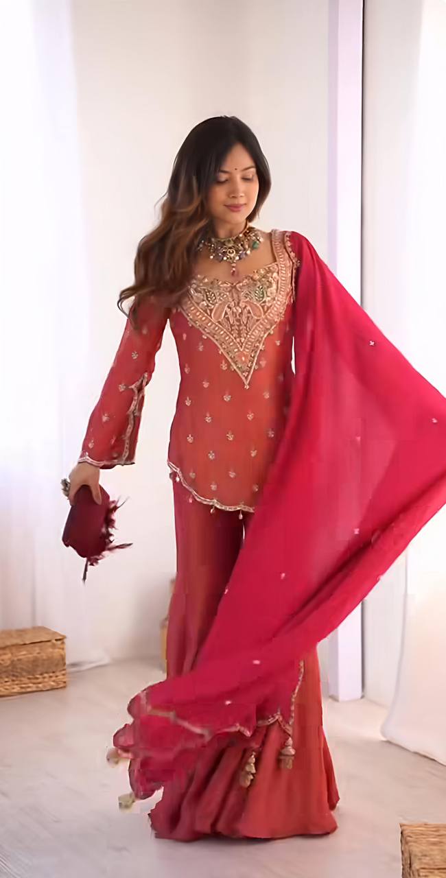Hot Pink Hand Embroidered Short Kurti with Flared Palazzo & Dupatta