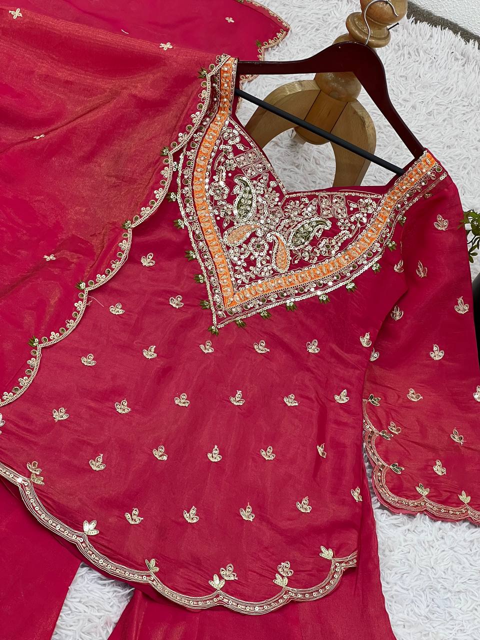 Hot Pink Hand Embroidered Short Kurti with Flared Palazzo & Dupatta