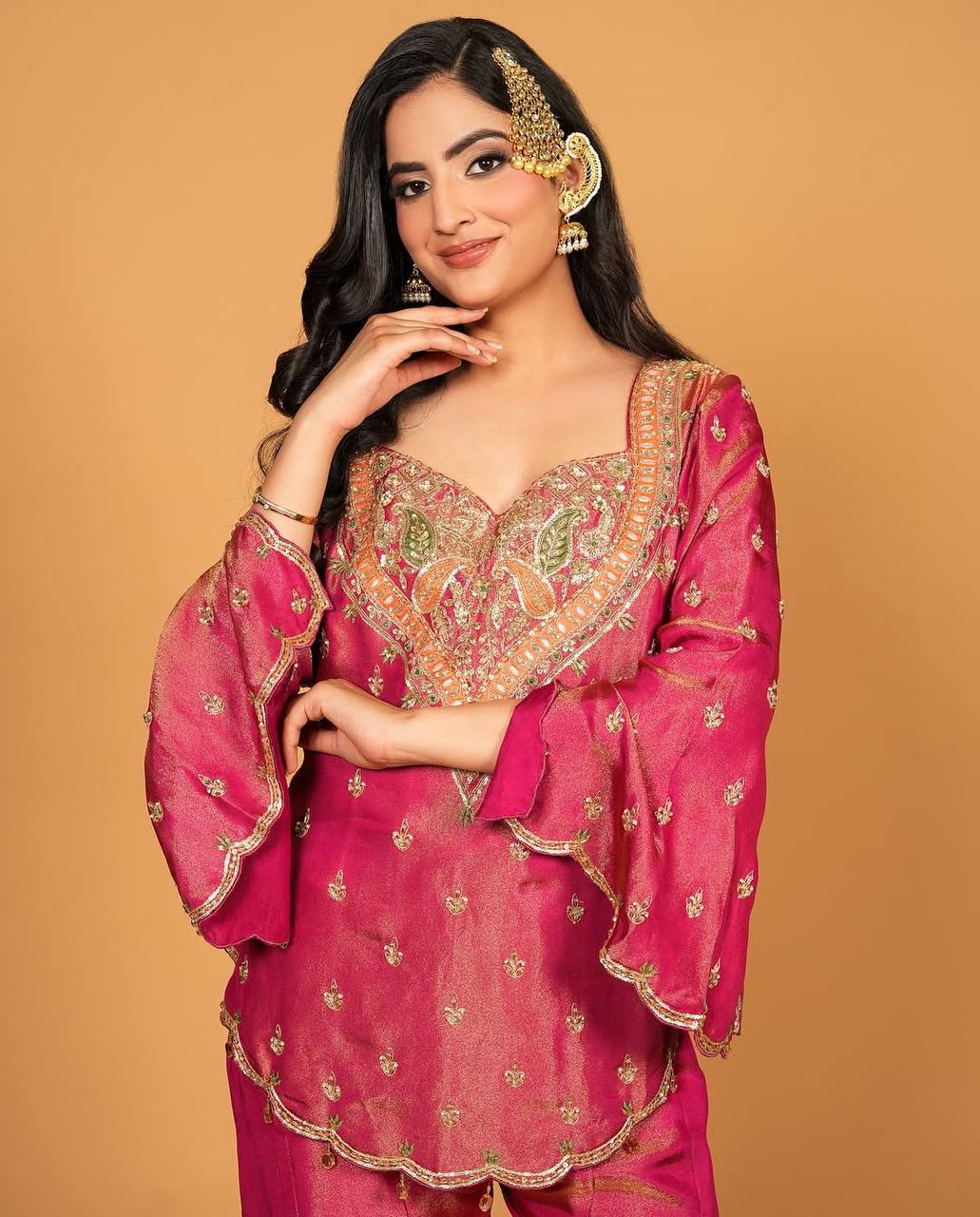 Hot Pink Hand Embroidered Short Kurti with Flared Palazzo & Dupatta